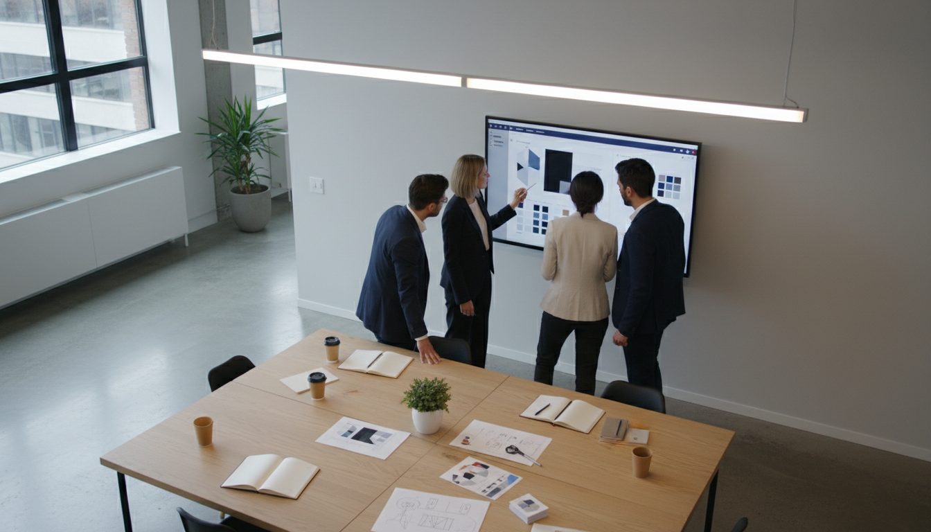 Презентация гайдлайна бренда в агентстве — команда дизайнеров изучает документ на экране