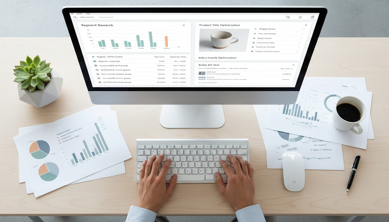 SEO-оптимизация карточки товара на маркетплейсе — специалист работает с текстом и ключевыми словами