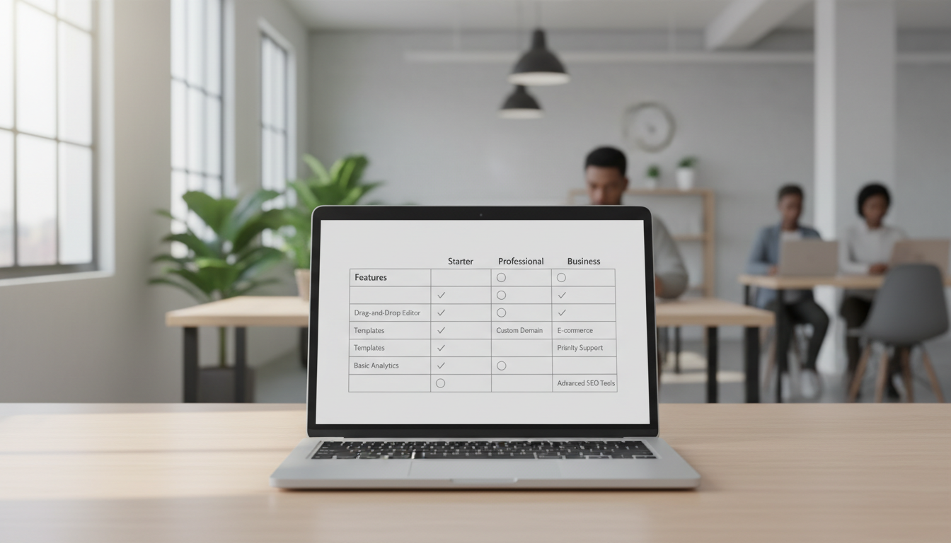 Сравнение тарифов конструктора сайтов — таблица выбора подписки на экране ноутбука