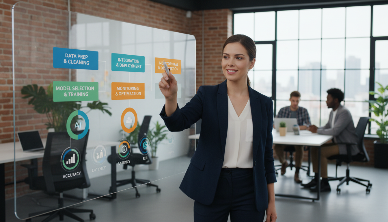 Пошаговый план внедрения ИИ — схема на интерактивной доске в офисе