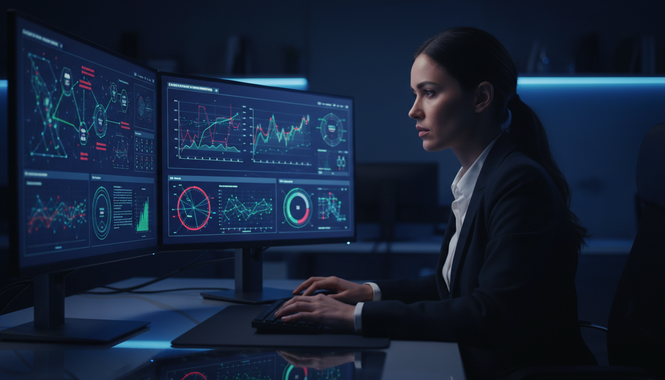 Управление рисками при внедрении ИИ — аналитик проверяет данные безопасности