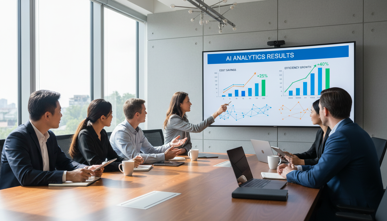 Команда бизнеса анализирует результаты внедрения ИИ — рост эффективности и снижение затрат