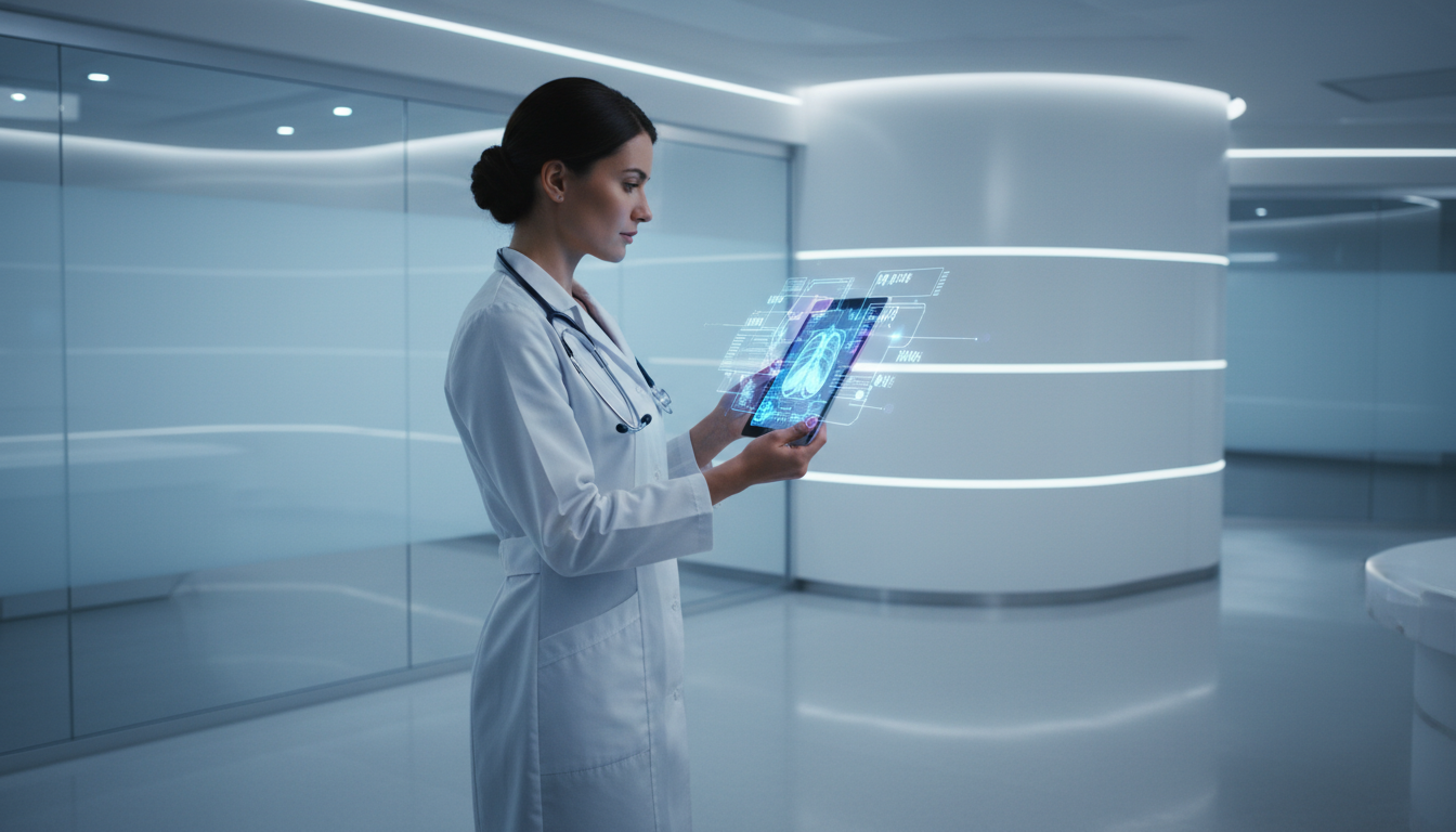 Врач анализирует медицинский снимок с помощью ИИ на планшете в современной клинике