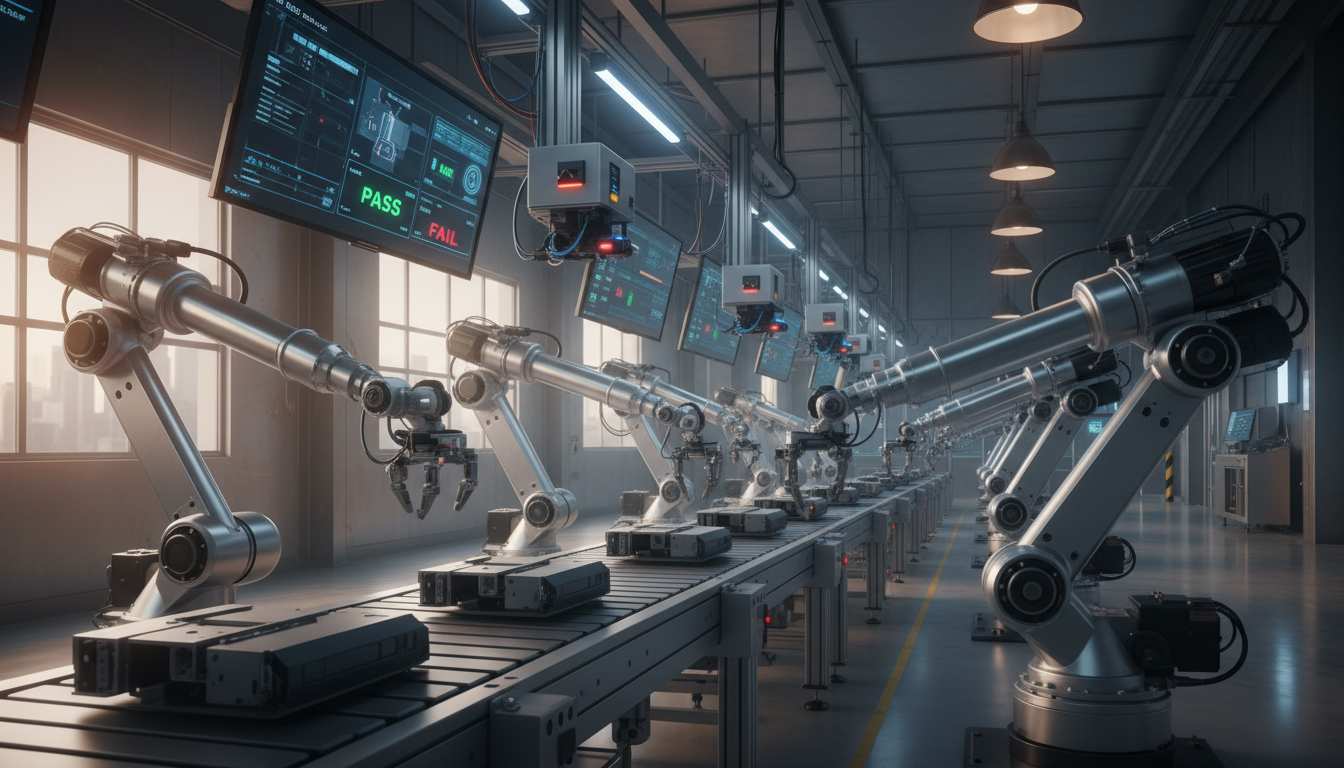 Роботизированный конвейер с системой компьютерного зрения на современном заводе