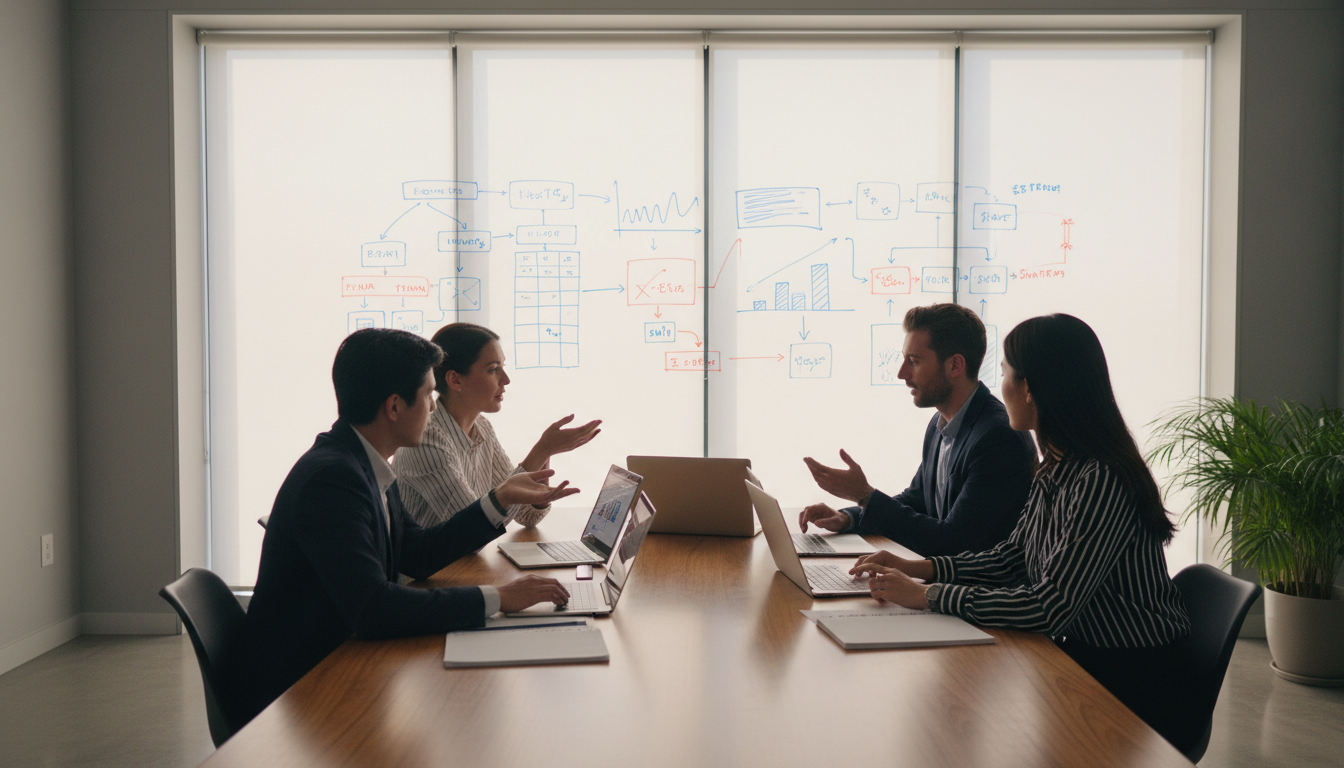 Команда бизнеса обсуждает план внедрения ИИ на стратегической сессии с ноутбуком и аналитическими данными