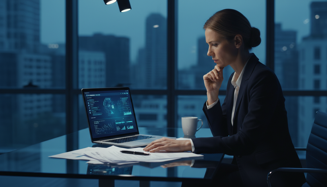 Руководитель анализирует риски внедрения ИИ — документы, данные, экран с предупреждениями безопасности