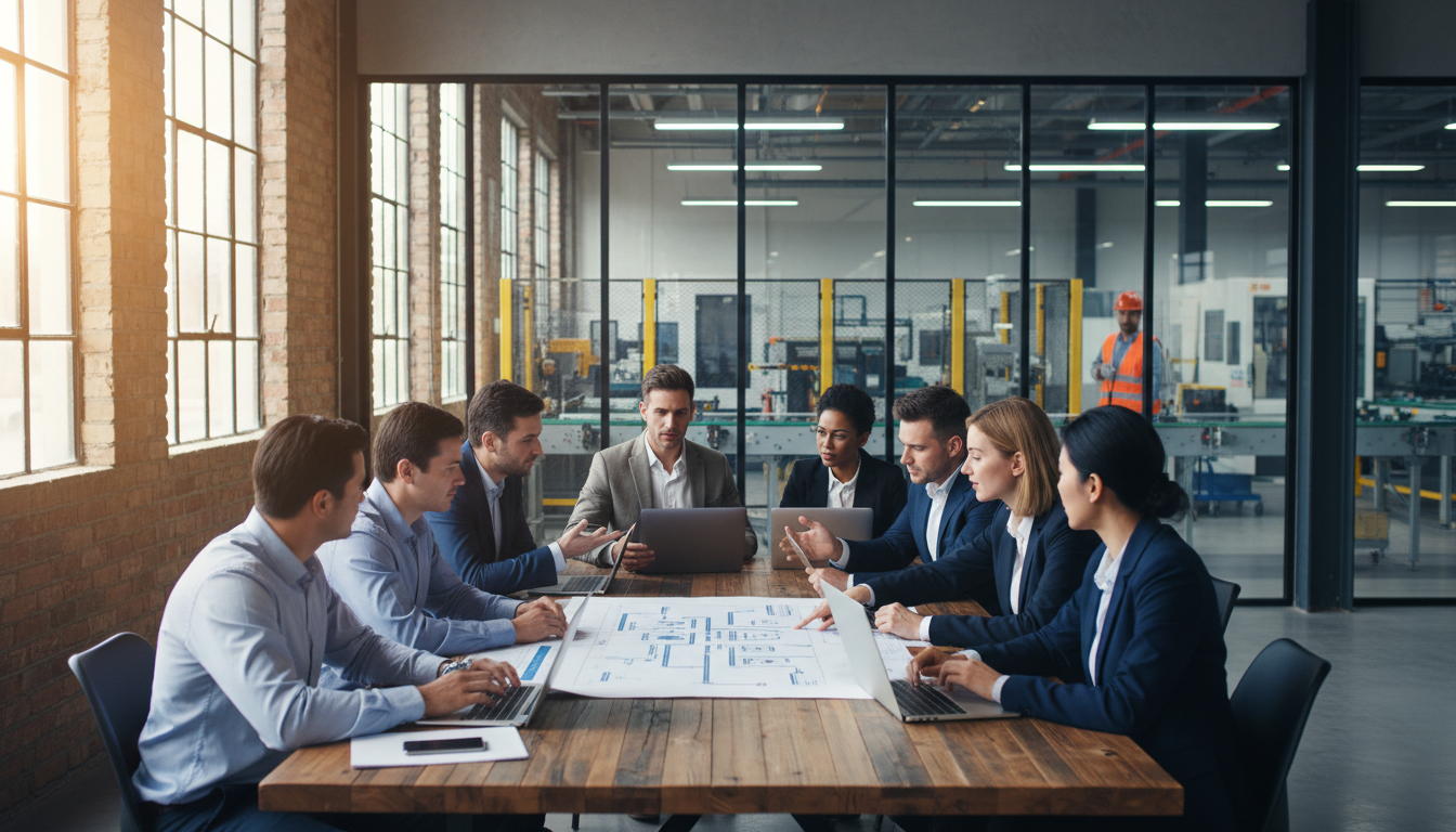 Пошаговое внедрение ИИ на заводе — команда специалистов за планированием проекта