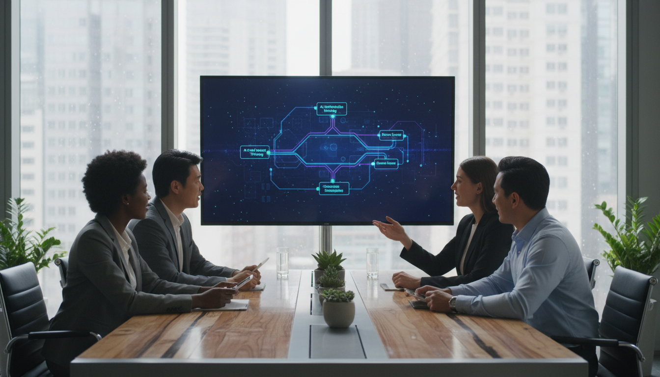 Команда специалистов обсуждает внедрение ИИ-инструментов в рабочие процессы