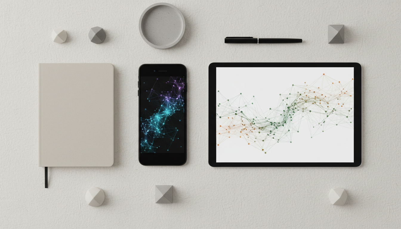 Набор современных ИИ-инструментов и приложений на экране смартфона и планшета