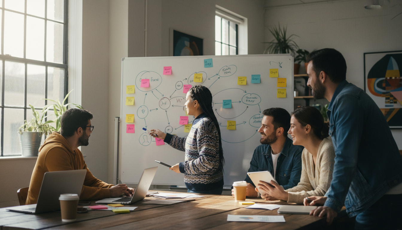 Команда малого бизнеса обсуждает внедрение ИИ-решений на рабочем совещании