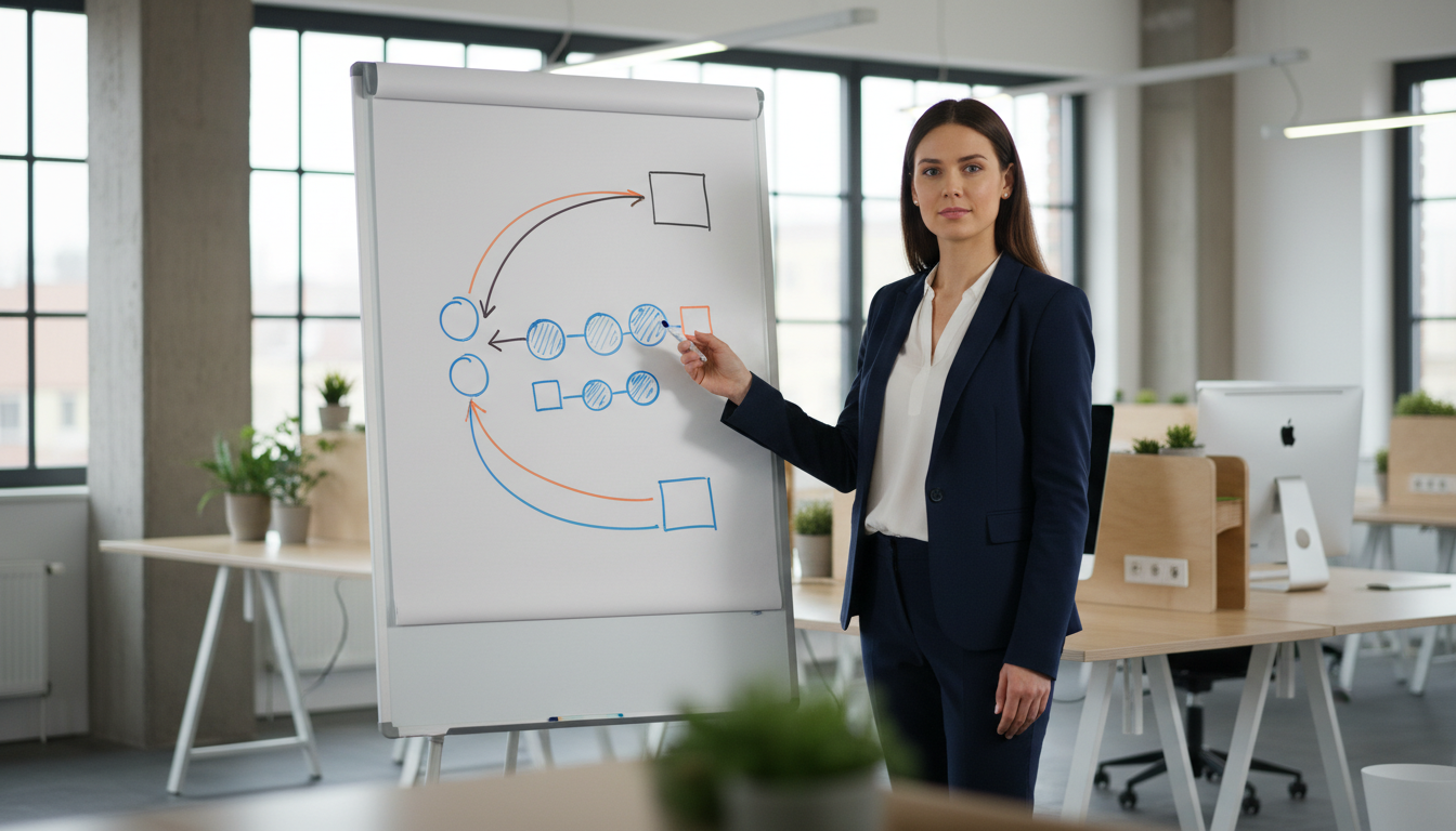Пошаговый план внедрения AI-решений — схема на маркерной доске