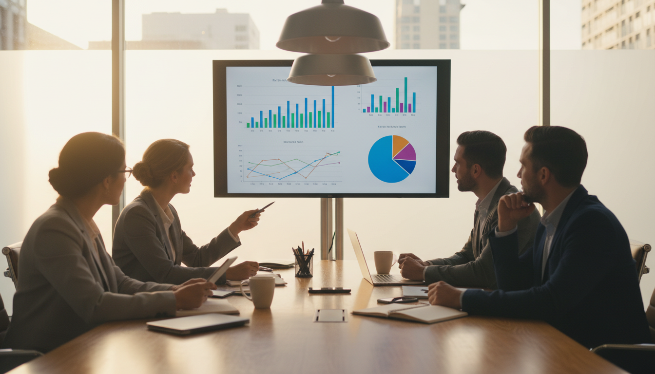 Внедрение AI в бизнес — команда анализирует результаты автоматизации