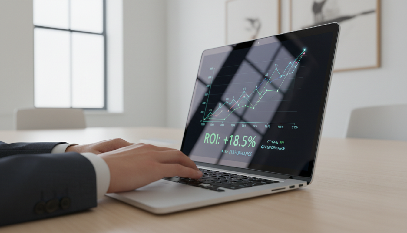 ROI от внедрения ИИ — финансовые показатели роста на экране ноутбука