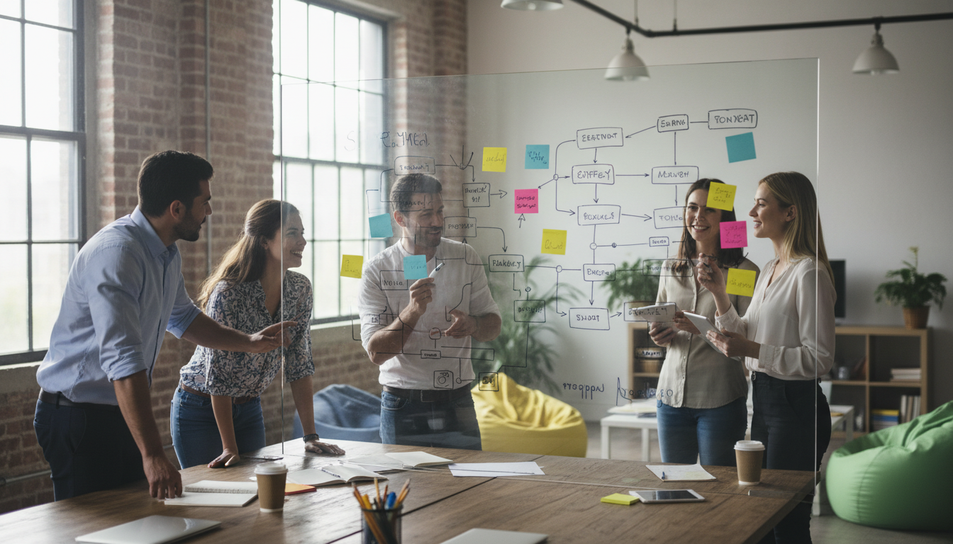 Пошаговое внедрение ИИ в бизнес — команда обсуждает стратегию на маркерной доске