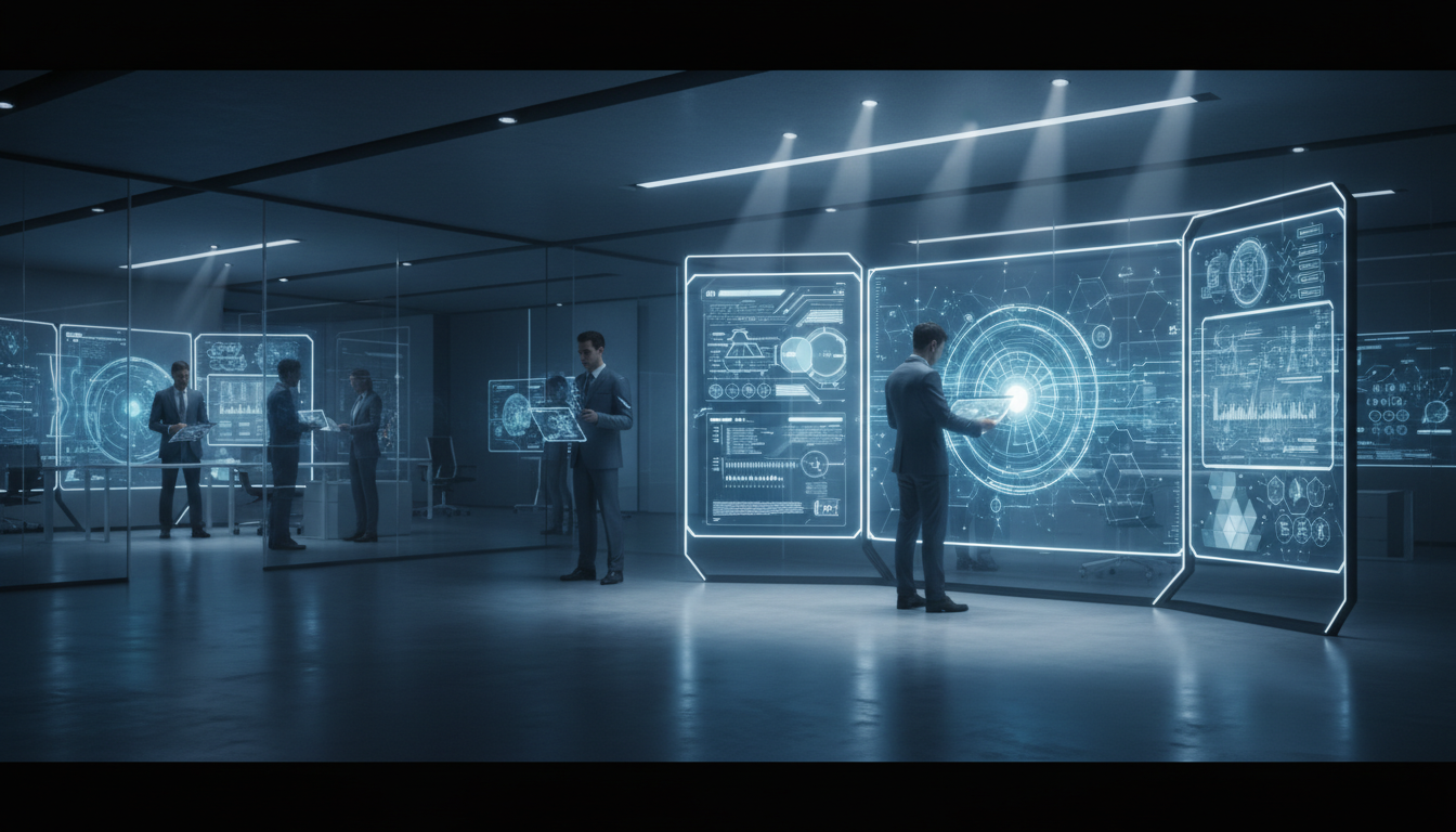 Тренды искусственного интеллекта для бизнеса — футуристичный офис с ИИ-экранами