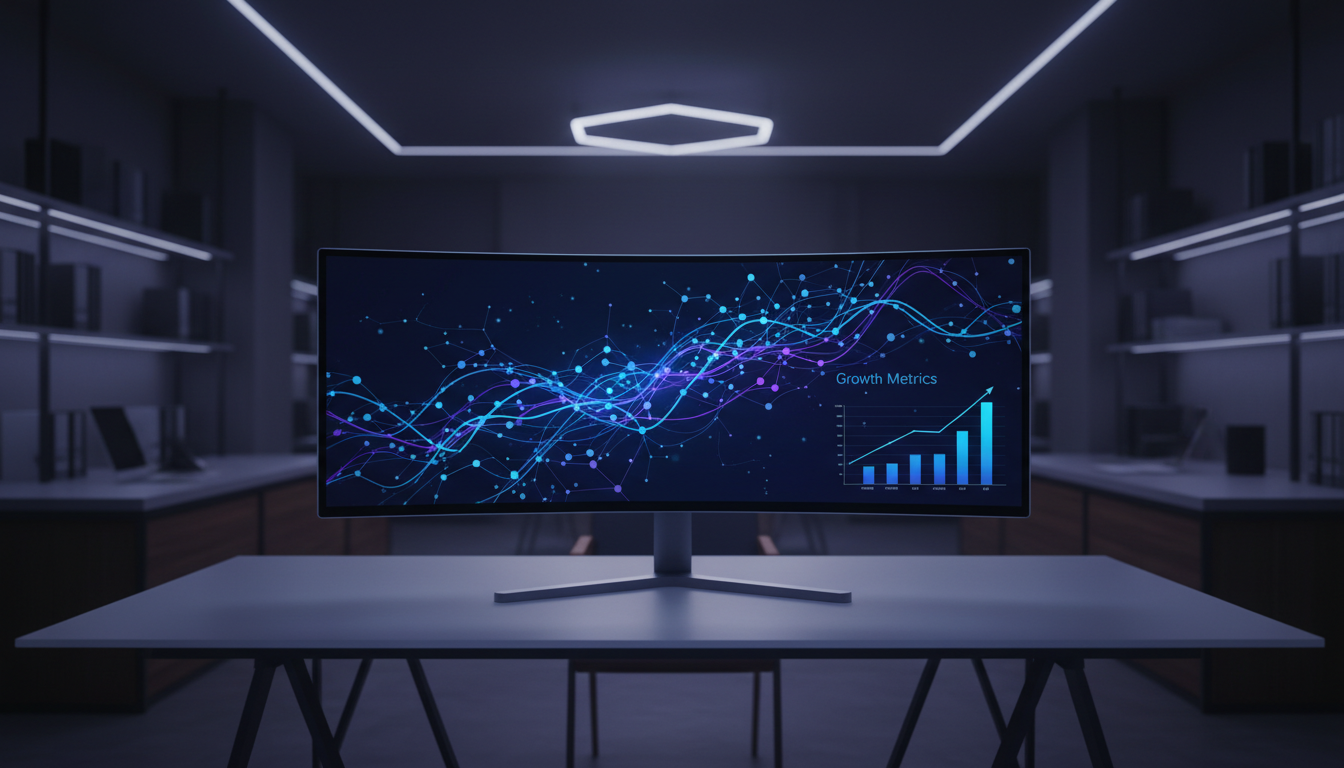 Визуализация роста рынка искусственного интеллекта: графики и схемы архитектуры ИИ-решений на экране монитора