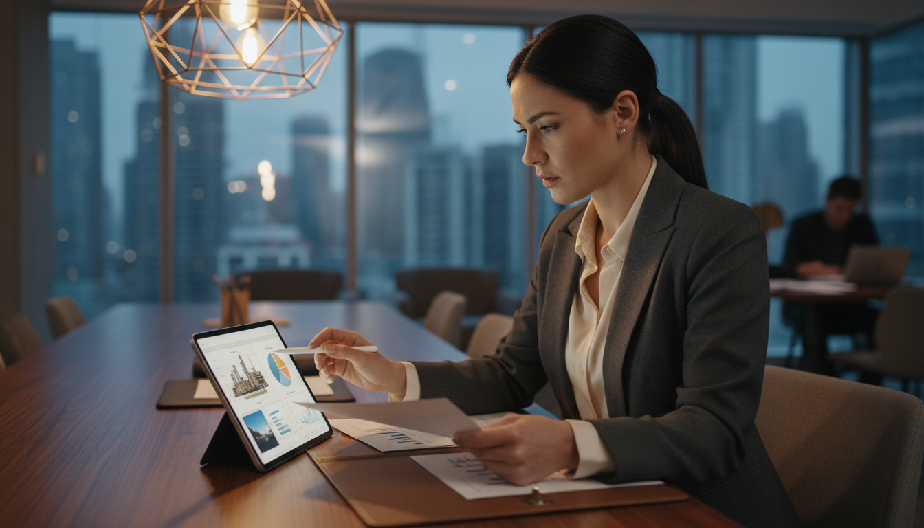 Бизнесмен изучает портфолио и документы подрядчика по искусственному интеллекту перед подписанием договора