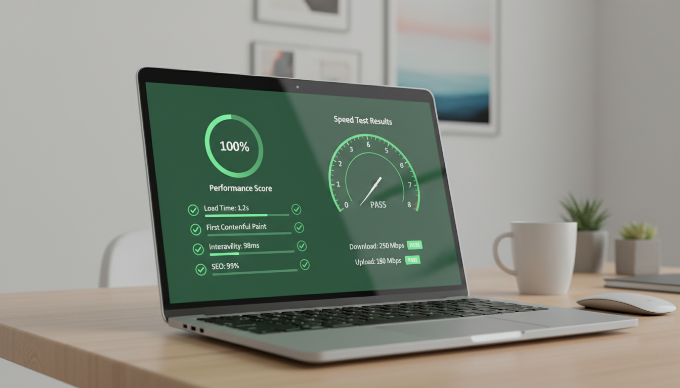 Анализ скорости WordPress сайта — результаты PageSpeed Insights на экране ноутбука