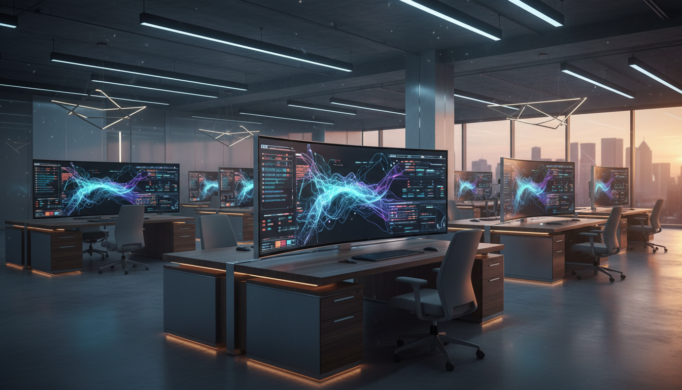 Современный технологический офис в России с AI-решениями и цифровыми экранами