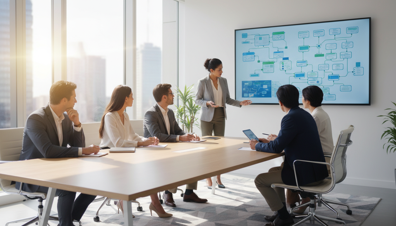 Команда специалистов обсуждает стратегию внедрения искусственного интеллекта на совещании