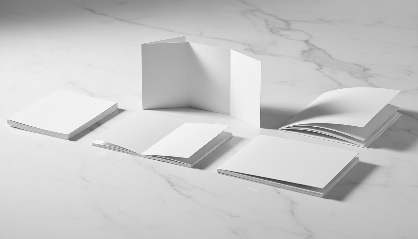 Разные виды буклетов и брошюр — евробуклет, листовки, многостраничные брошюры на белом фоне