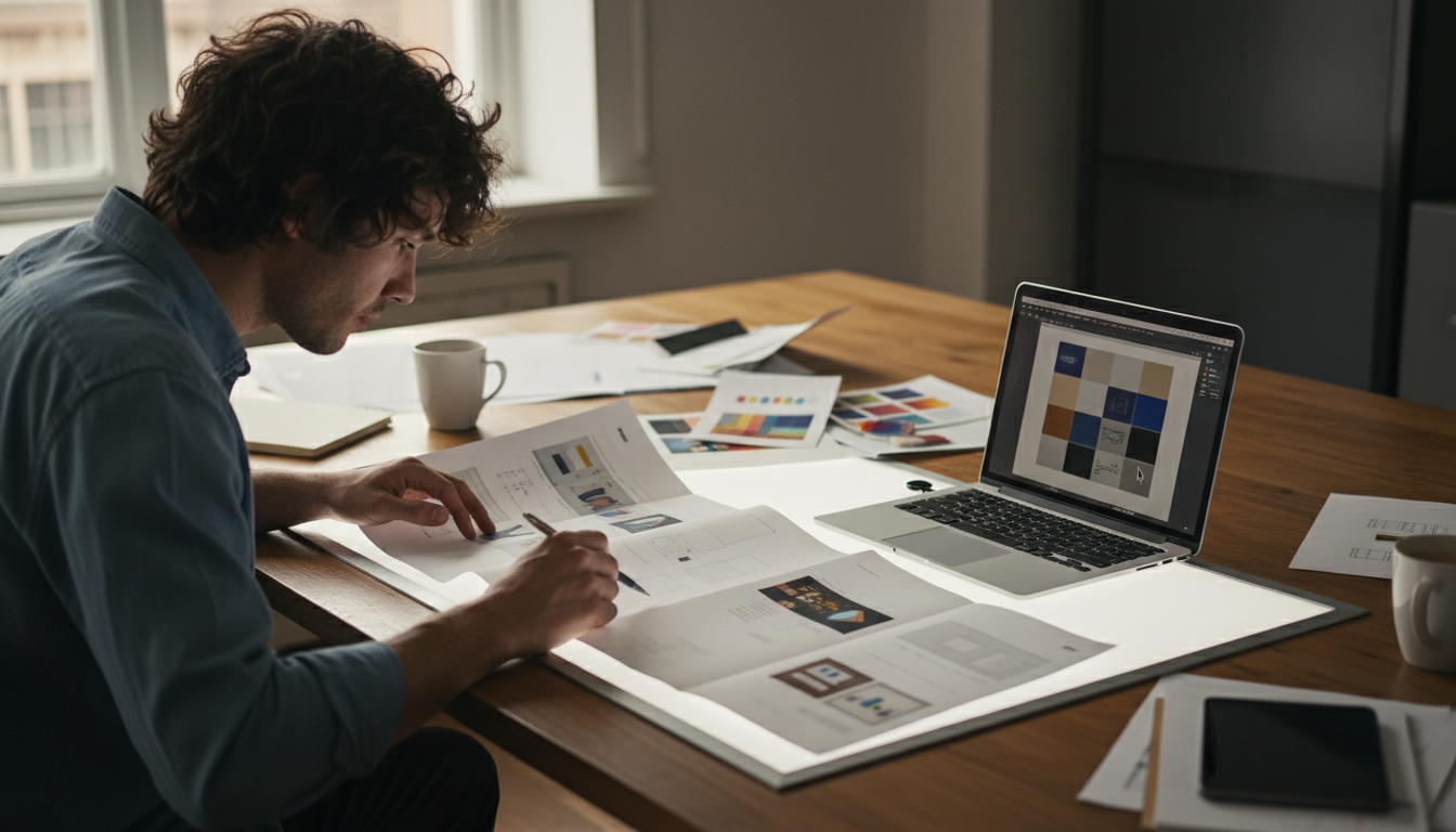 Дизайнер проверяет макет буклета перед отправкой в печать