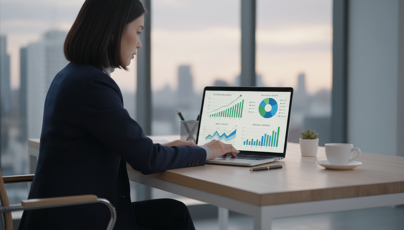 ROI от внедрения AI в бизнесе — графики роста показателей и финансовых результатов на экране ноутбука