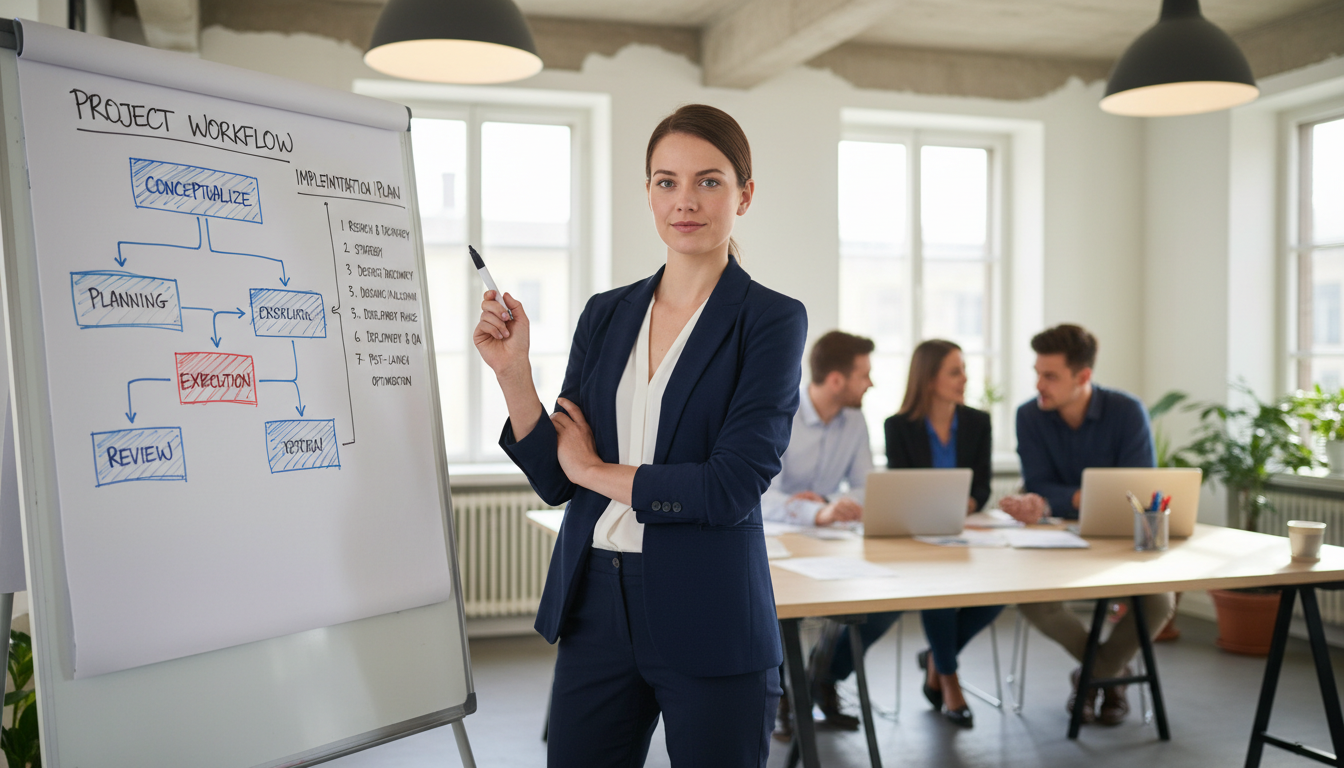 Пошаговое внедрение AI в компанию — руководитель проекта на доске планирует этапы цифровой трансформации