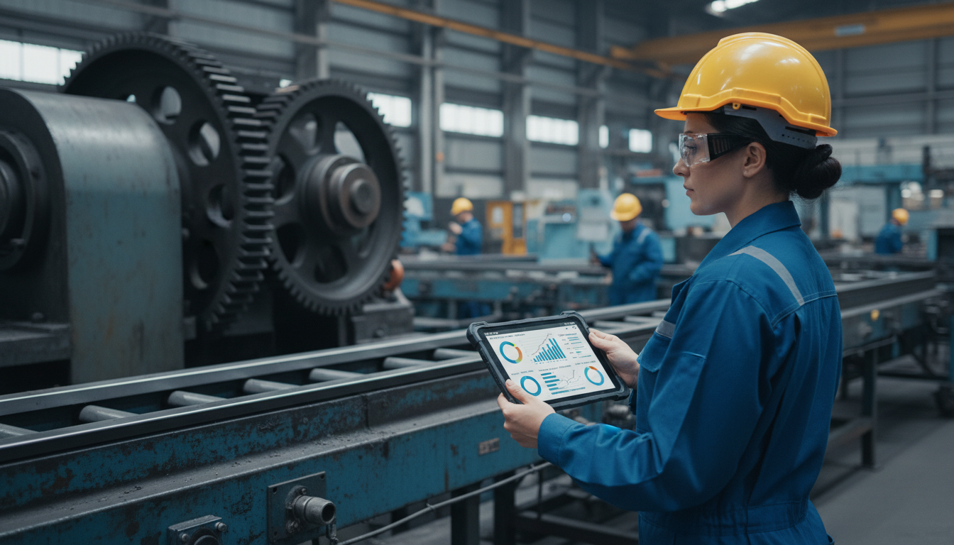 Инженер анализирует данные предиктивного обслуживания оборудования на планшете рядом с промышленными машинами