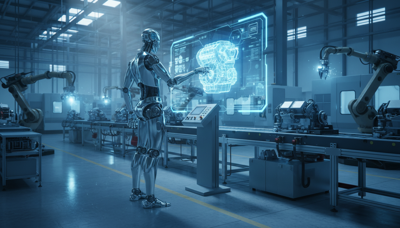 Гуманоидный робот и цифровой двойник завода будущего с интерфейсами ИИ