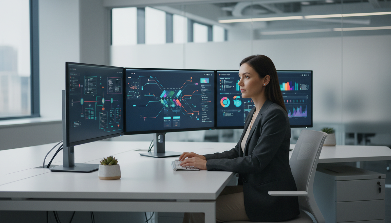 Аналитик данных проводит аудит готовности компании к внедрению ИИ, просматривая графики и дашборды на нескольких мониторах