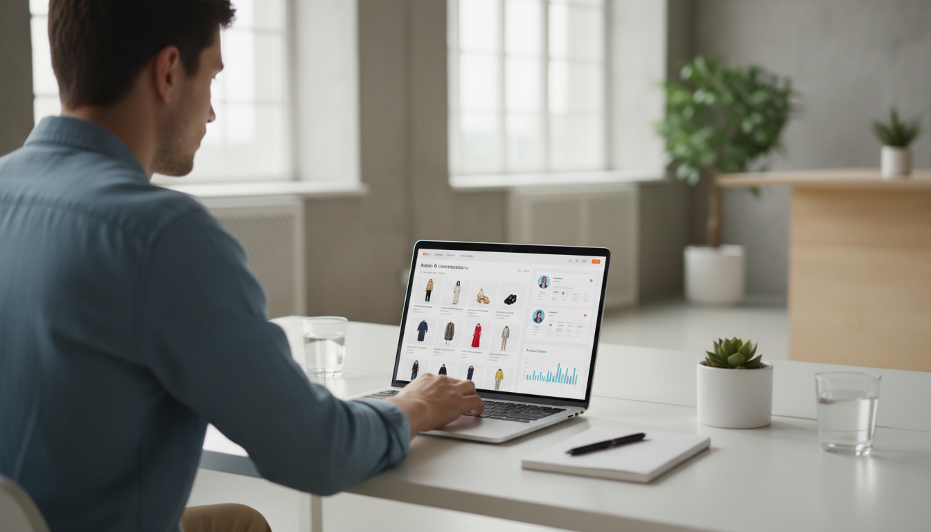 Маркетолог использует ИИ-инструменты для анализа продаж на маркетплейсах на ноутбуке