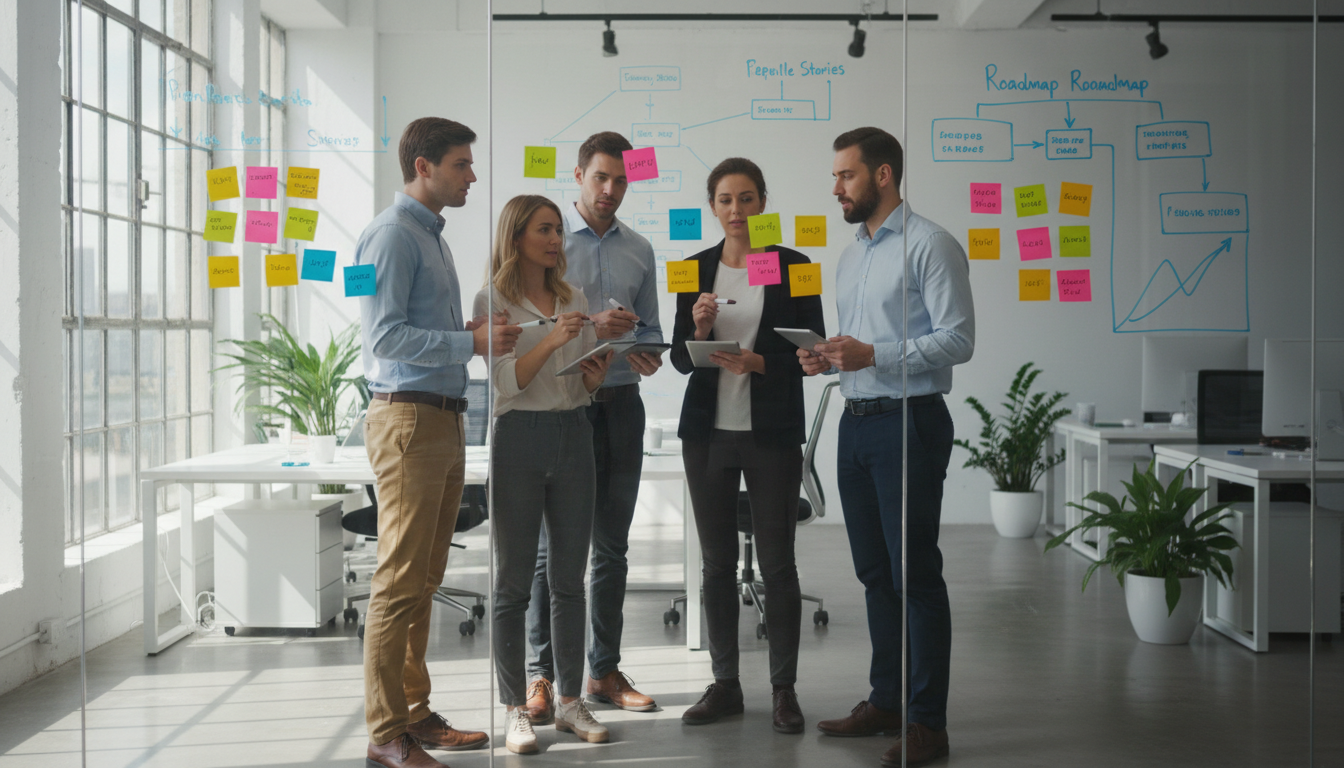 Диаграмма этапов ИИ-проекта на интерактивной доске в переговорной комнате с командой разработчиков