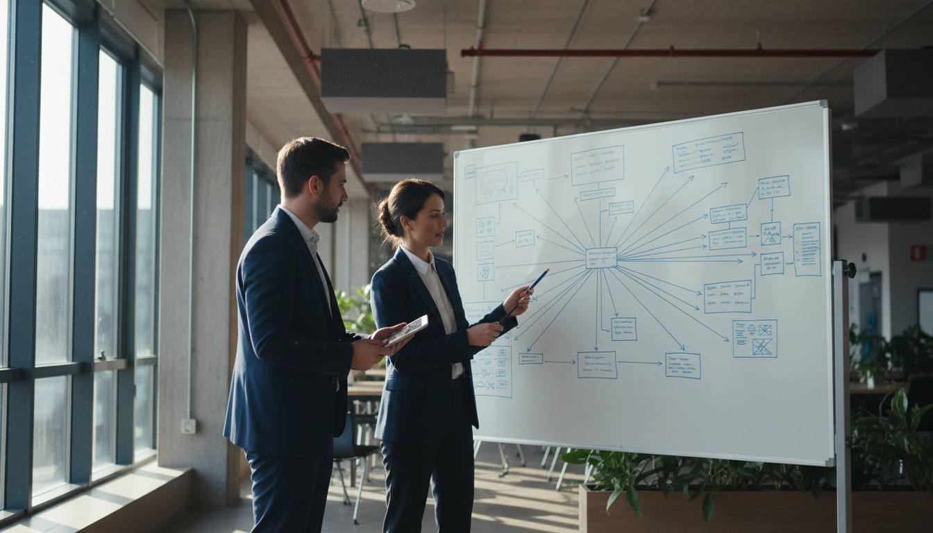 Команда стартапа обсуждает архитектуру SaaS-продукта на базе ИИ на интерактивной доске