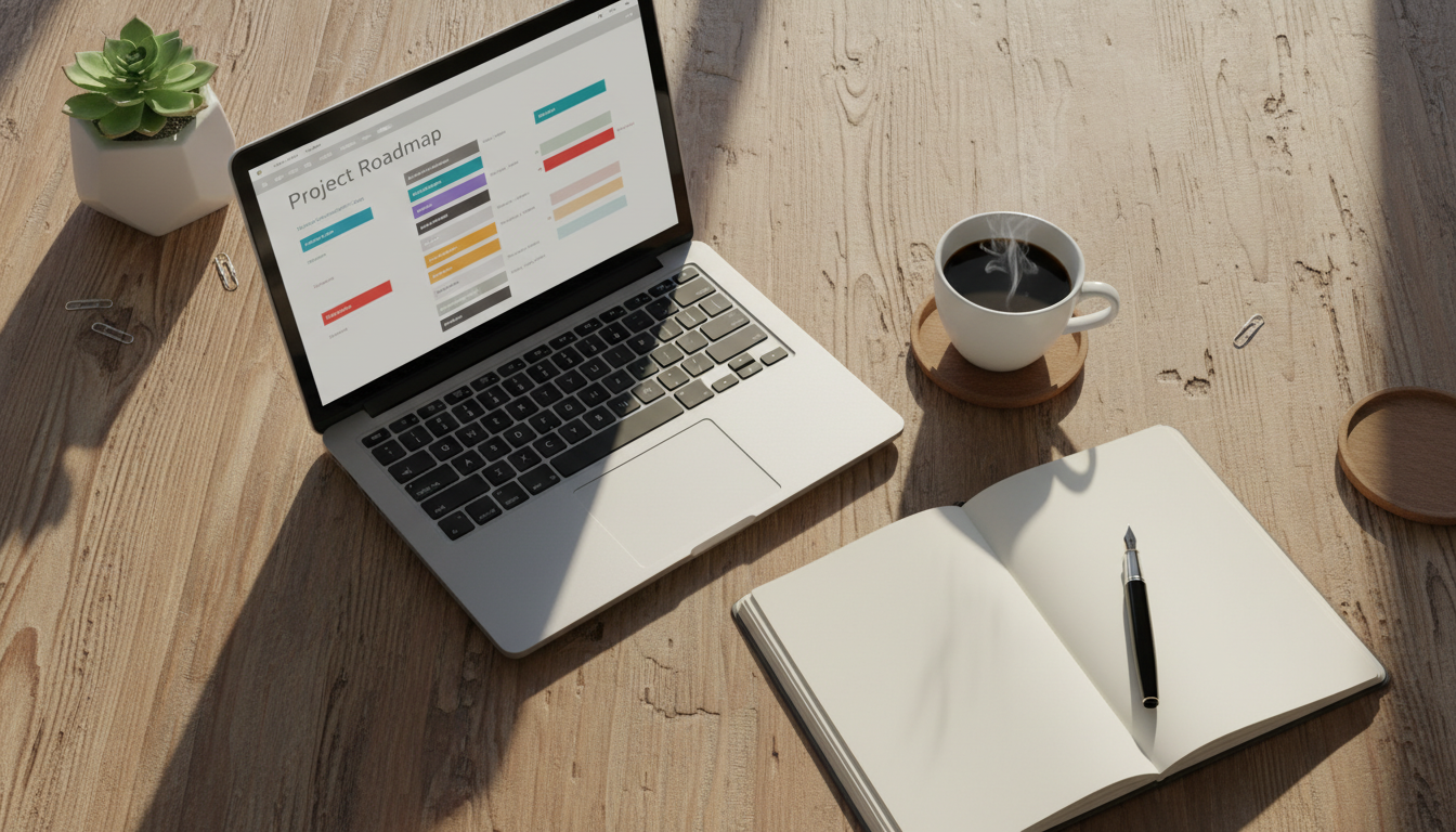 Пошаговый план запуска ИИ-бизнеса — ноутбук с планом проекта и чашка кофе на рабочем столе предпринимателя