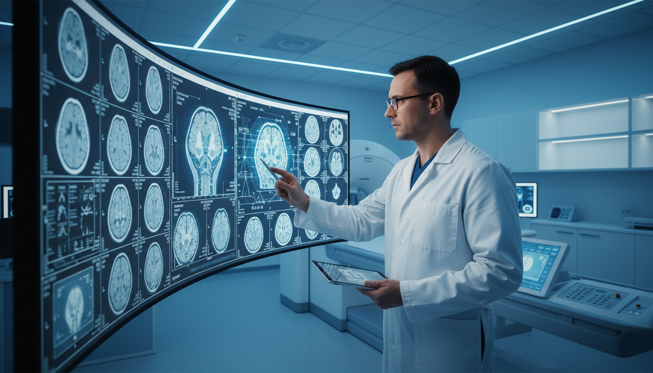 Врач использует искусственный интеллект для анализа медицинских снимков на экране компьютера