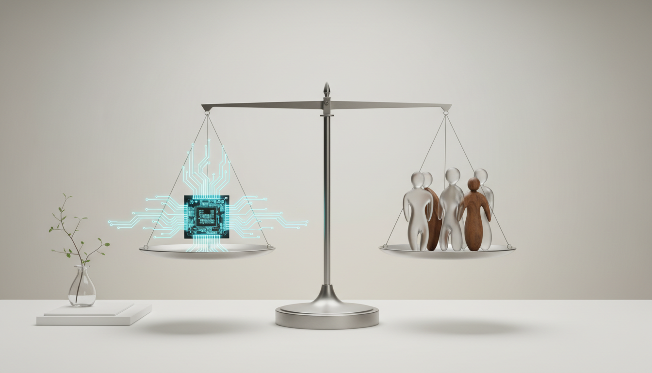 Весы справедливости рядом с символами искусственного интеллекта — риски и возможности ИИ в обществе
