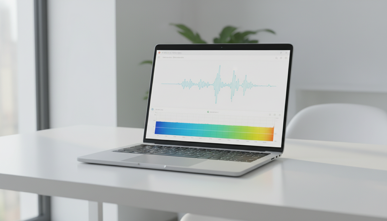 Экран с интерфейсом модели распознавания речи и спектрограммой аудиосигнала