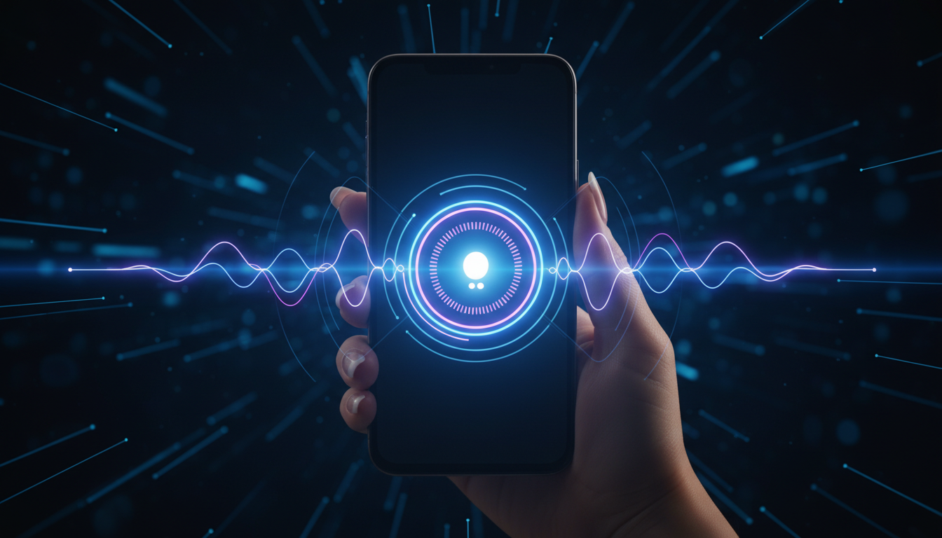 Смартфон с голосовым ИИ-ассистентом — звуковые волны и цифровой интерфейс