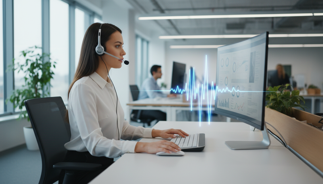 Оператор колл-центра использует голосовой ИИ-ассистент на рабочем месте