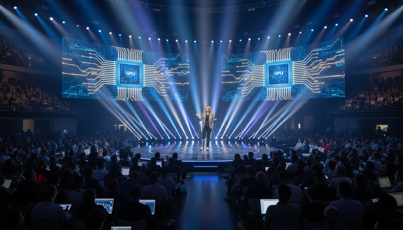 Выступление спикера на технологической конференции по ИИ перед тысячной аудиторией