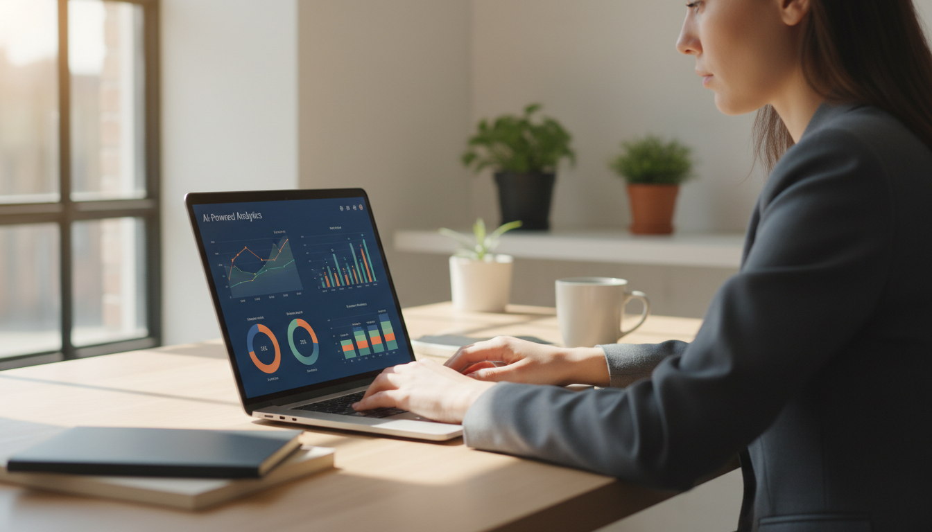 Специалист по цифровому маркетингу работает с ИИ-инструментами на ноутбуке