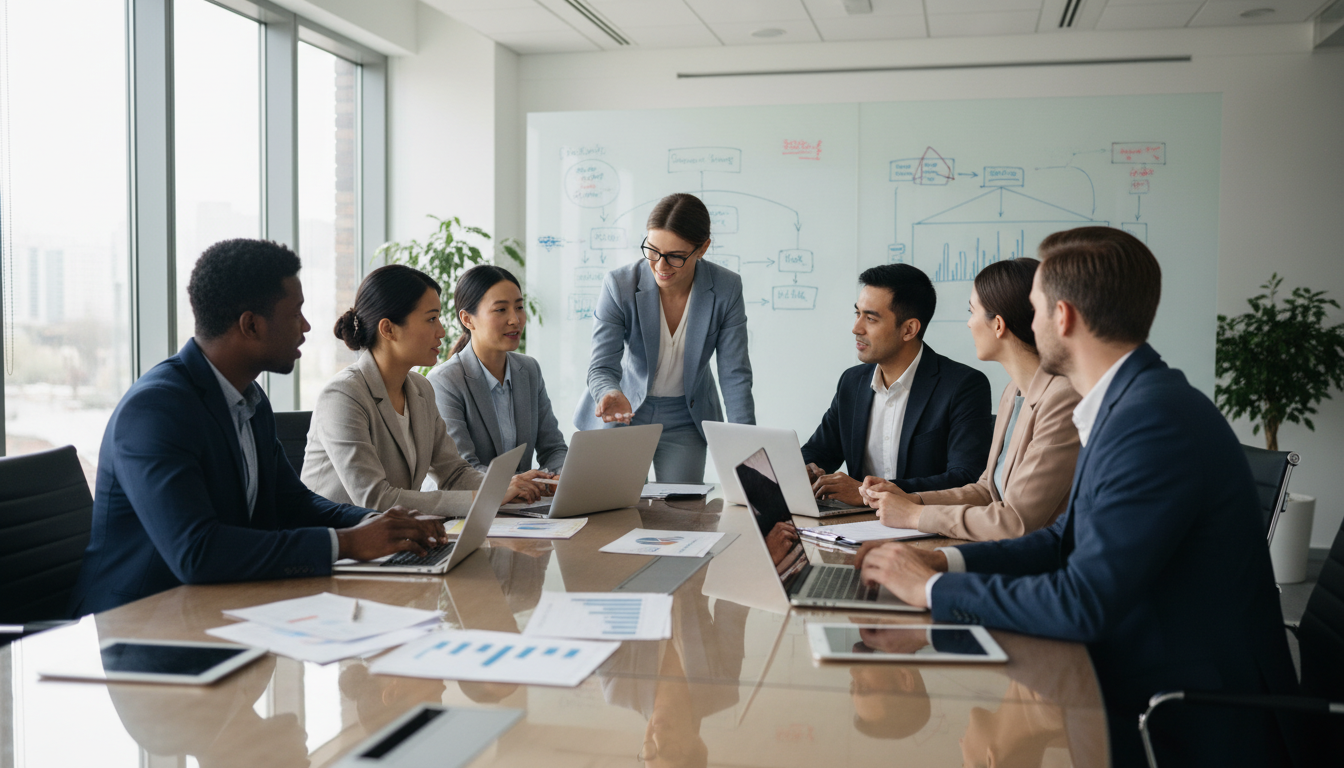 Команда обсуждает стратегию внедрения ИИ в бизнес-аналитику