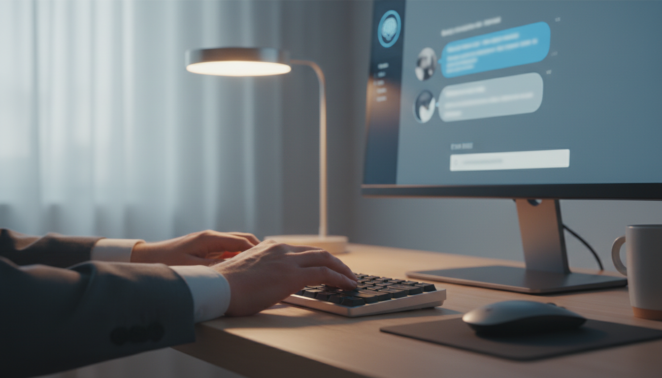 Специалист формулирует запрос в интерфейсе нейросети, экран с чатом ИИ