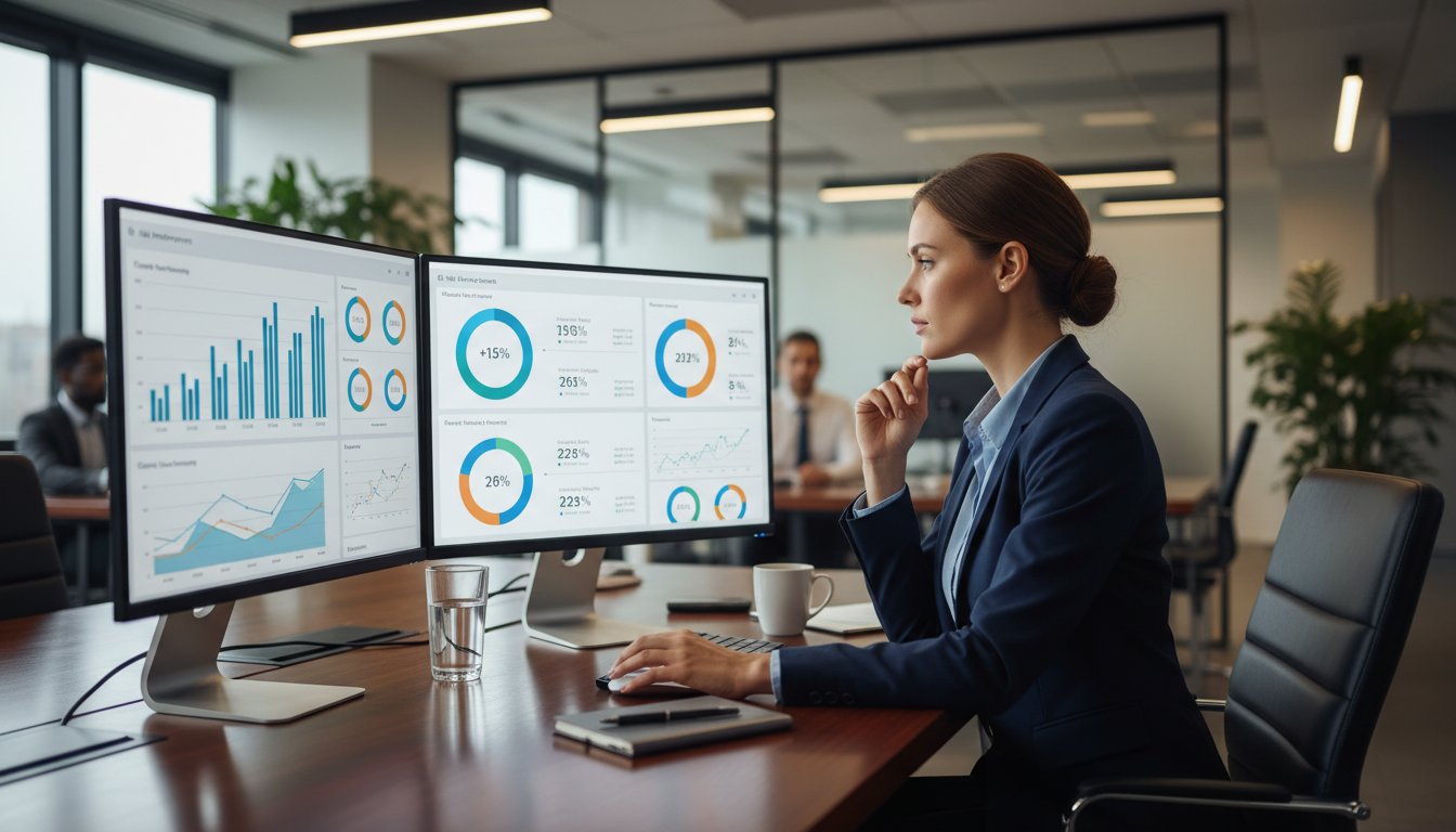 Бизнес-аналитик изучает графики и метрики эффективности внедрения ИИ