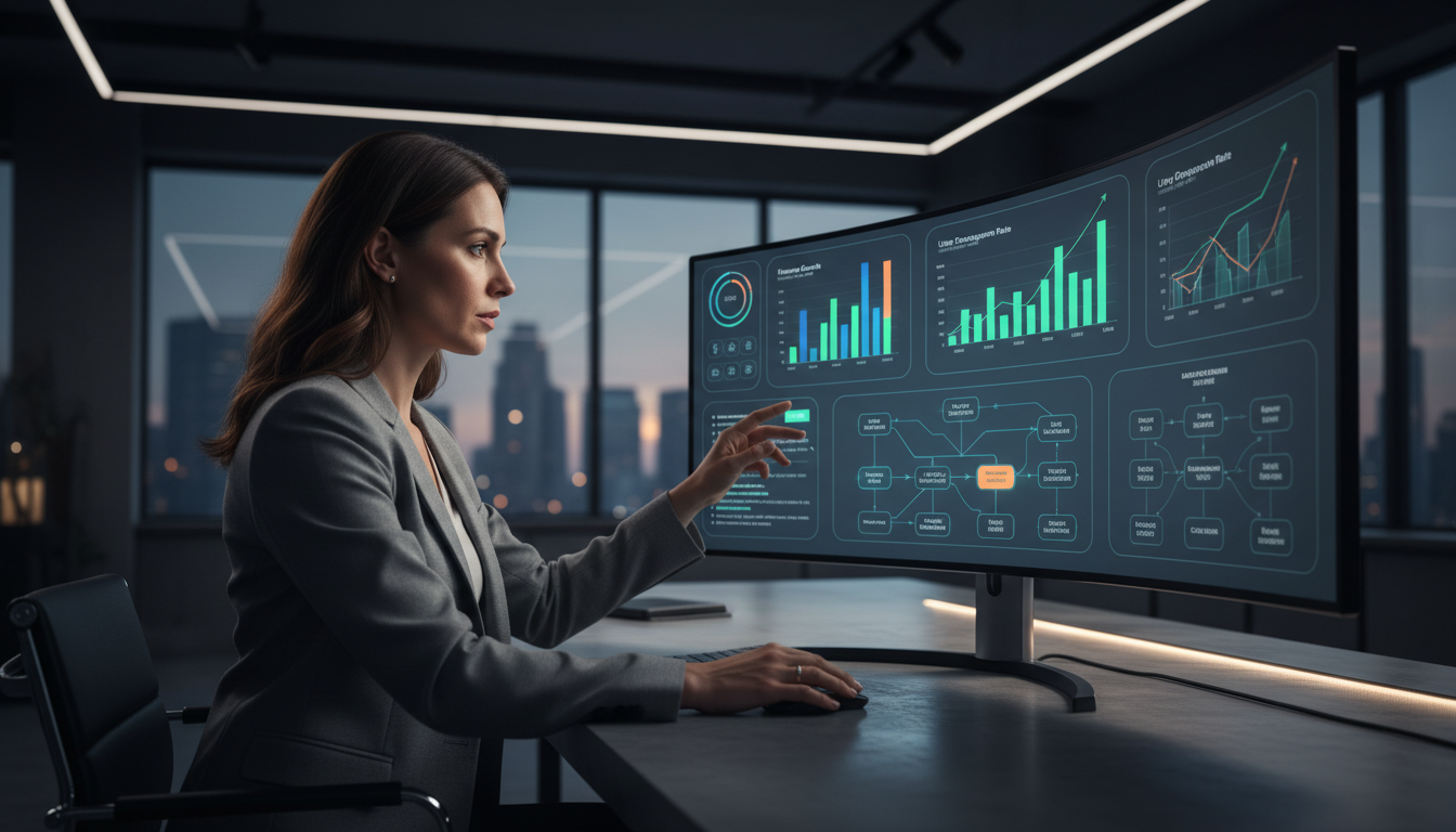 Предприниматель анализирует данные ИИ-автоматизации на dashboard с метриками