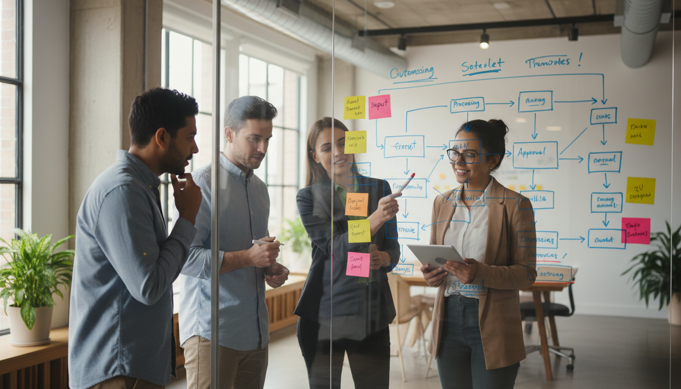 Команда бизнеса обсуждает схему автоматизации бизнес-процессов с помощью ИИ