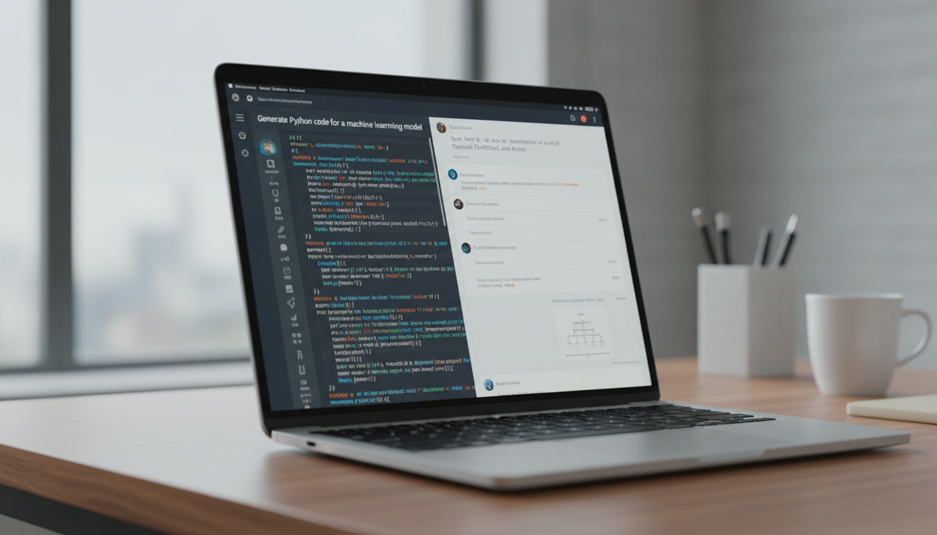 Большие языковые модели ИИ — интерфейс чат-бота на экране ноутбука в офисе