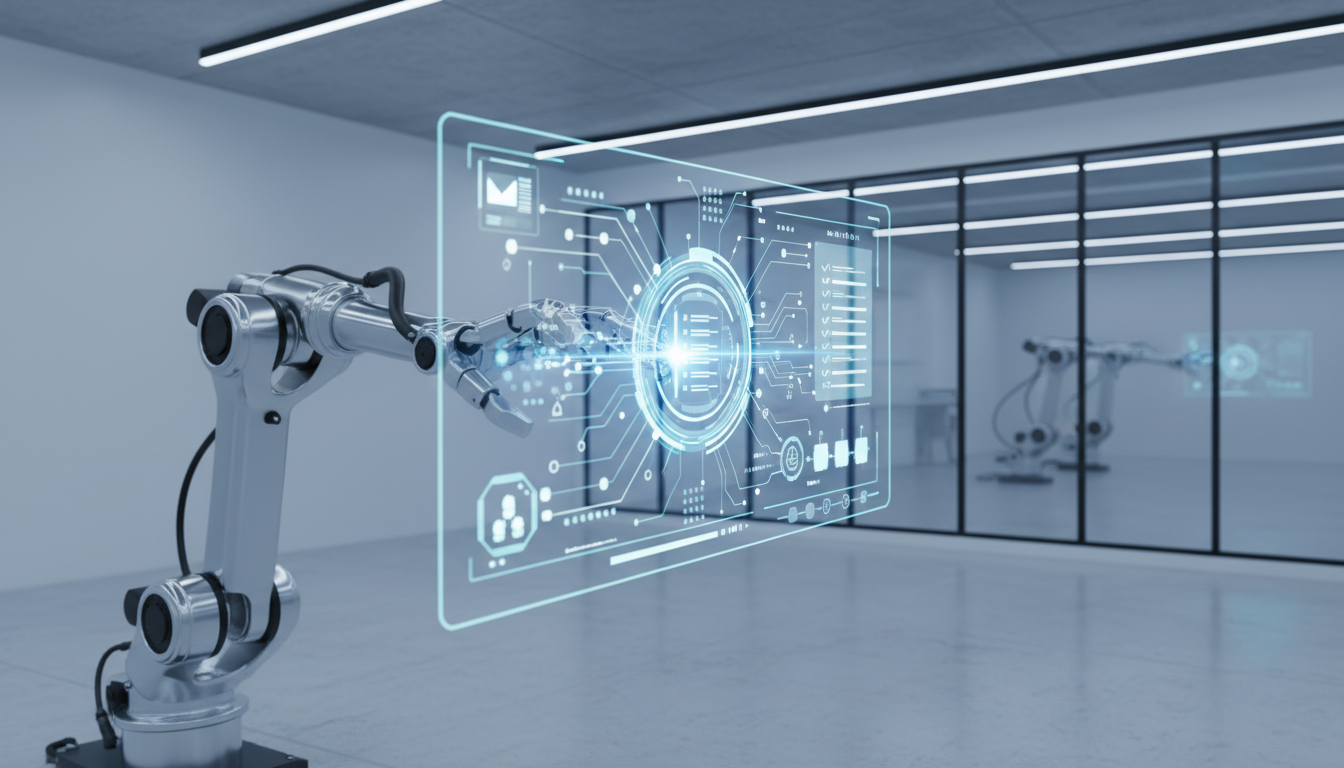 Агентные модели ИИ — роботизированная рука и цифровой интерфейс управления задачами