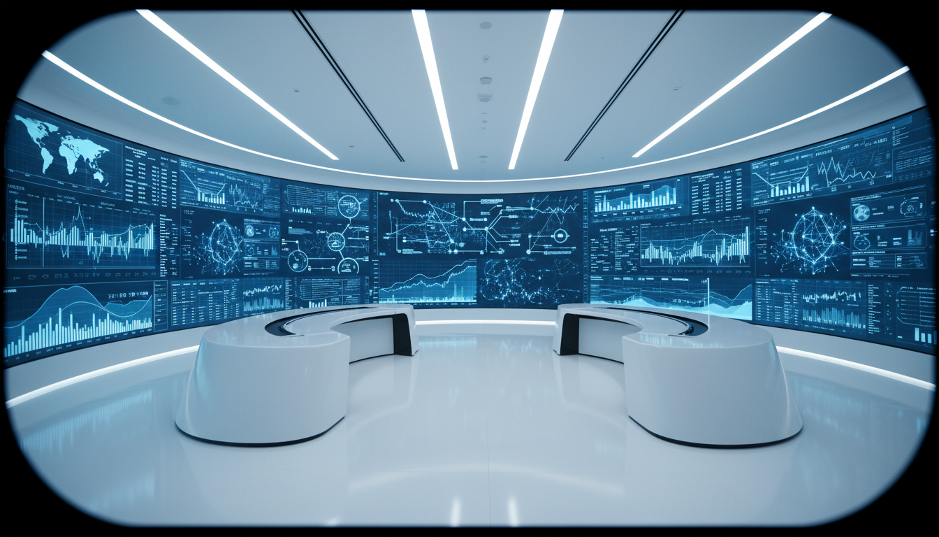 Тренды ИИ и финансовых технологий — футуристичный офис с ИИ-агентами и потоками данных